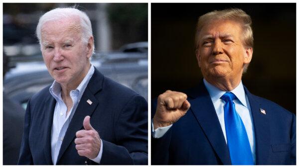 (Trái) Tổng thống Joe Biden giơ ngón tay cái khi rời Nhà thờ Công giáo La Mã St. Edmond ở Bãi biển Rehoboth, Delaware, hôm 04/11/2023. (Ảnh: Brendan Smialowski/AFP qua Getty Images); (Phải) Cựu Tổng thống Donald Trump đang nhìn trong một cuộc vận động tranh cử tại Trendsetter Engineering Inc. ở Houston, Texas, hôm 02/11/2023. (Ảnh: Brandon Bell/Getty Images)