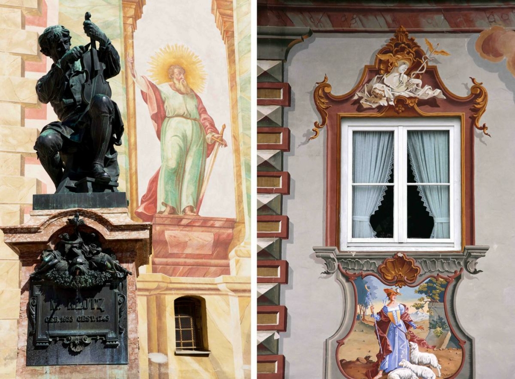 Bên trái: Bức tượng của nghệ nhân làm đàn vĩ cầm Mathias Klotz trước một bức bích họa tại Nhà thờ Giáo xứ Thánh Peter và Paul ở Mittenwald, Đức; (Ảnh: Dmitry Chulov/Shutterstock); Phải: Ví dụ về tranh bích họa theo phong cách Trompe-l’œil ở Mittenwald, Đức. (Ảnh: Tupungato/Shutterstock)