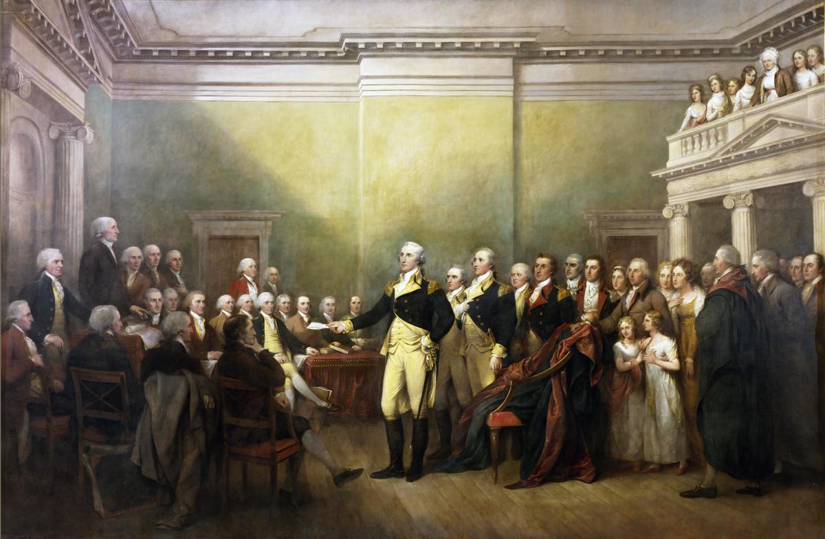 “Tổng Tư lệnh George Washington Từ chức khỏi Ủy ban của Ông” của họa sĩ John Trumbull, 1824. Tranh sơn dầu trên vải. (Ảnh: Tư liệu Công cộng)