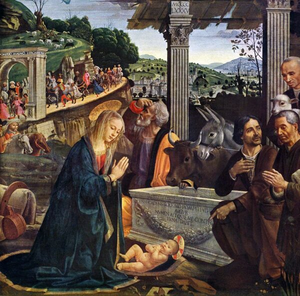 Thiên Chúa từ trời giáng xuống trong hình hài một em bé “Adoration of the Shepherds” (Sự tôn thờ của những con chiên) của họa sĩ Domenico Ghirlandaio vẽ năm 1485. (Ảnh: Tài liệu công cộng)