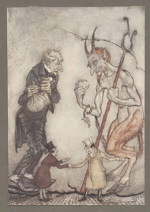 Bức tranh “Old Scratch has got his own at last, hey?” (Này, cuối cùng thì ác quỷ đã có được chính hắn rồi nhỉ?), năm 1915, của họa sĩ Arthur Rackham. Tranh minh họa. (Ảnh: Tài liệu công cộng)