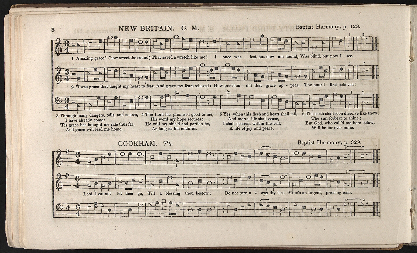“New Britain” (Ân điển diệu kỳ) trong album “Hòa âm miền Nam, và đệm nhạc” (The Southern Harmony, and Musical Companion), 1847, của tác giả William Walker. Thư viện Quốc hội. (Ảnh: Tài liệu công cộng)