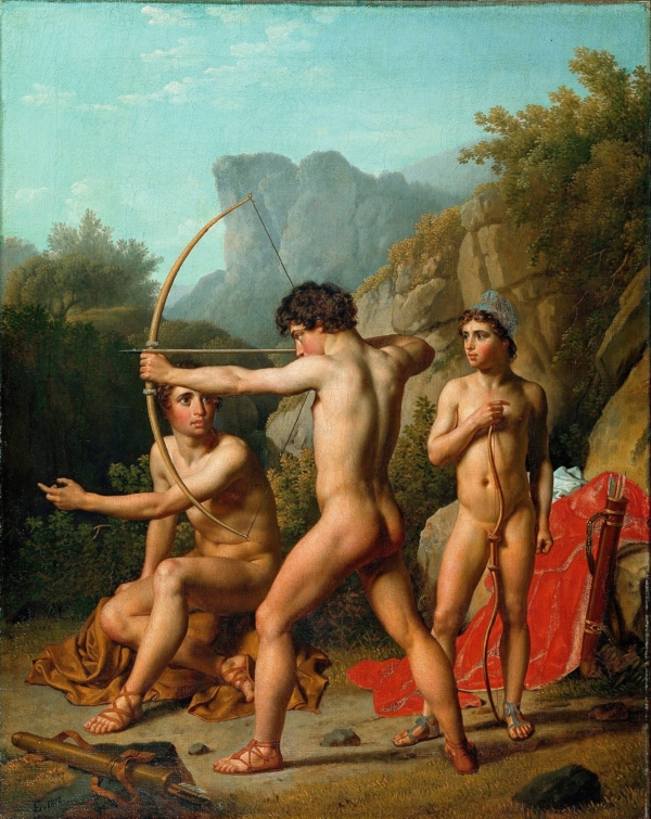 Bức tranh “Three Spartan Boys Practicing Archery” (Ba chàng trai Spartan tập bắn cung), năm 1812, của họa sĩ Christoffer Wilhelm Eckersberg. (Ảnh: Tài liệu công cộng)
