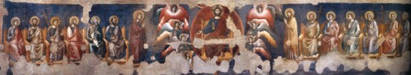 Một chi tiết trong tác phẩm “Sự phán xét cuối cùng,” vào khoảng năm 1293, họa sĩ Pietro Cavallini (các mảnh ghép của một chuỗi các bức bích họa ở Nhà thờ Thánh Cecilia xứ Trastevere, Rome). Khoảng 3 x 0.3 mét. (Ảnh: Tài liệu công cộng)