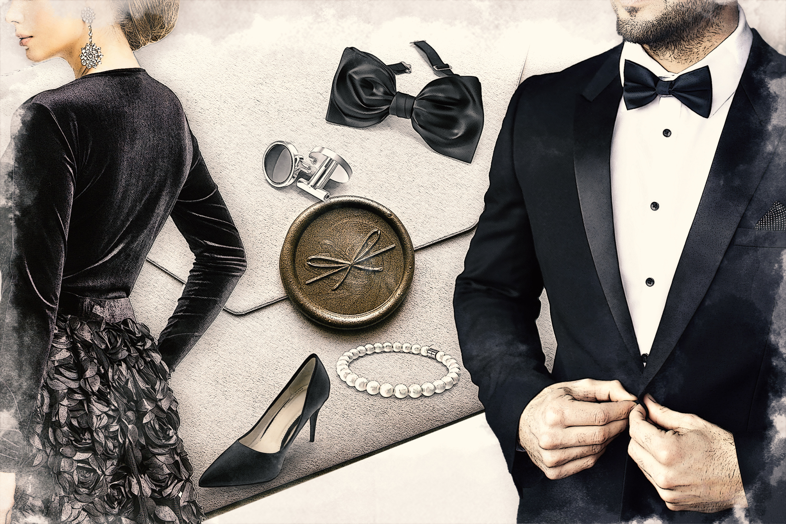 Những yếu tố thiết yếu của trang phục black tie. (Ảnh: Minh họa của The Epoch Times, Shutterstock)