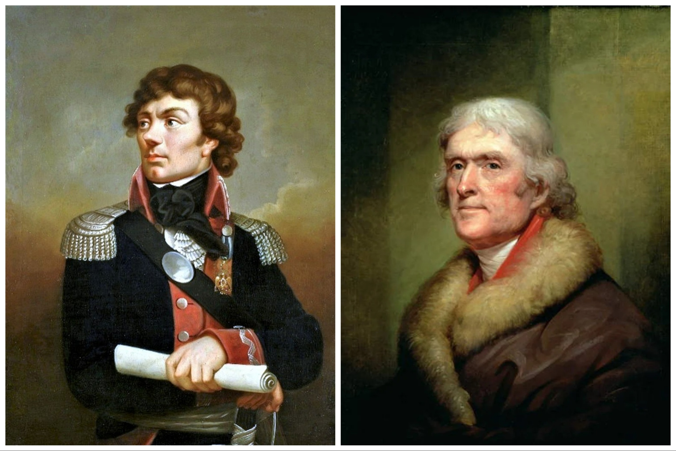 (Trái) Chân dung ông Tadeusz Kosciuszko, sau năm 1807, của họa sĩ Karl G Schweikart. Bảo tàng Quốc gia Warsaw. Ngài Thomas Jefferson trong bức chân dung chính thức của họa sĩ Rembrandt Peale. (Ảnh: Tài liệu công cộng)