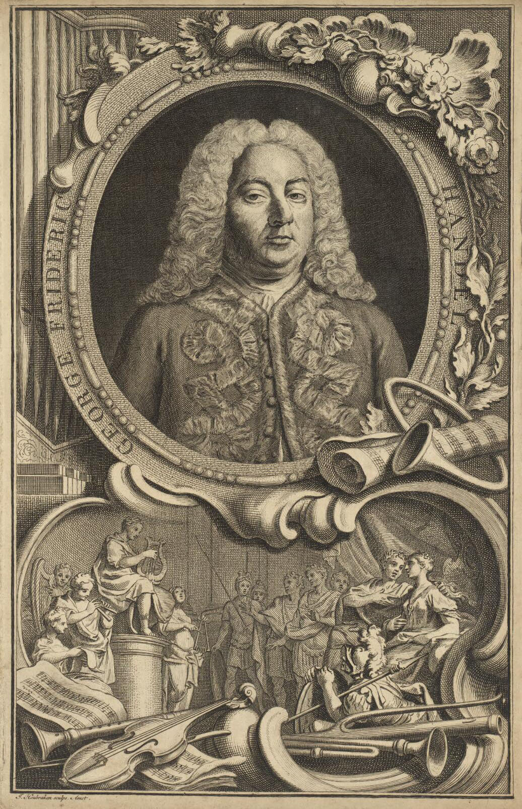 Tác phẩm “Nhà soạn nhạc George Frideric Handel,” của thợ khắc Jacobus Houbraken, năm 1738. Tranh khắc. Thư viện Quốc gia xứ Wales. (Ảnh: Tài liệu công cộng)