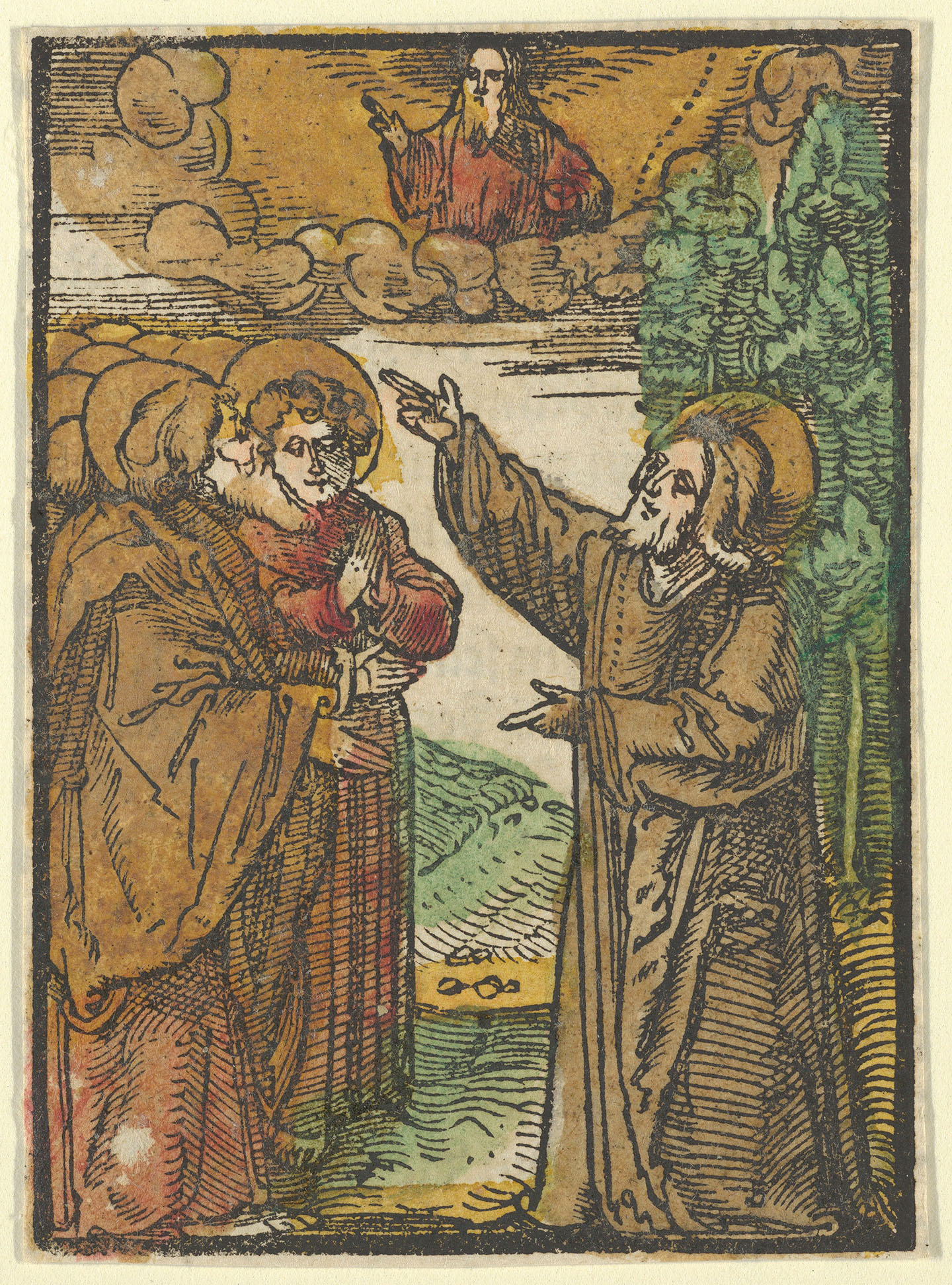 Bức tranh “Christ Talking About His Return to the Father, From Das Plenarium” (Đấng Christ nói về sự trở về của Ngài với Đức Chúa Cha, từ Bộ sách Das Plenarium) của họa sĩ Hans Leonhard Schäufelein và thợ in Adam Petri, năm 1517. Tranh khắc gỗ màu thủ công. Bảo tàng Nghệ thuật Metropolitan, New York. (Ảnh: Tài liệu công cộng)