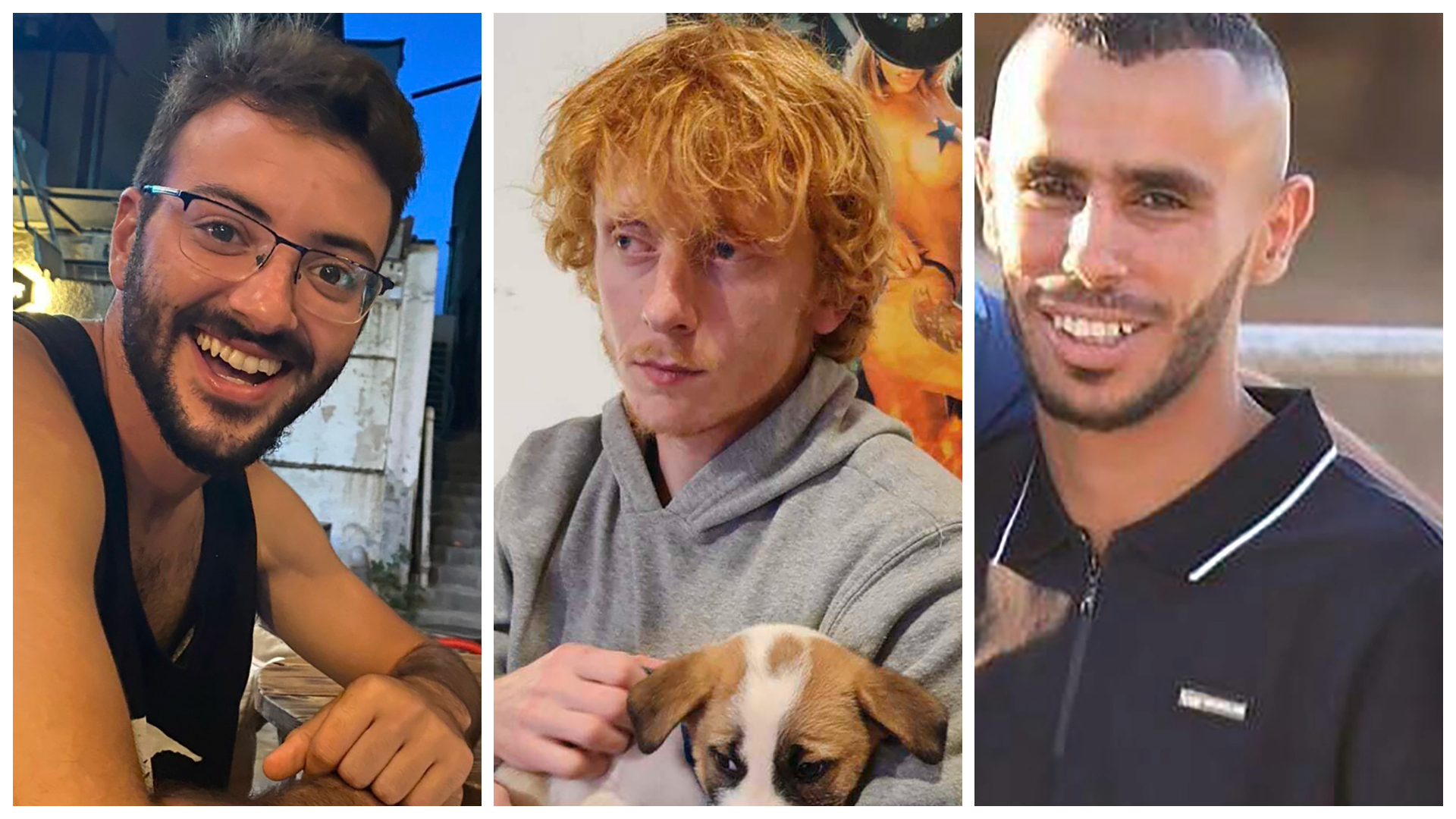 Tổng hợp ảnh của ba con tin đã bị bắt cóc từ các cộng đồng Israel gần biên giới Gaza, (từ trái sang phải) anh Alon Shamriz, anh Yotam Haim, và anh Samer Al-Talalka. (Ảnh: Được đăng dưới sự cho phép của gia đình các anh Shamriz, Haim, và Al-Talalka qua AP)
