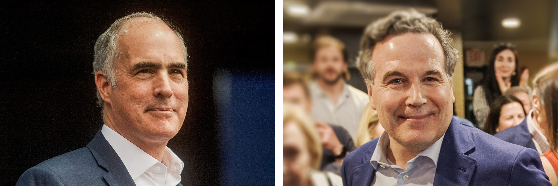 (Từ trái qua phải) Thượng nghị sĩ Bob Casey (Dân Chủ-Pennsylvania) tại cuộc tập hợp vận động tranh cử ở Philadelphia vào ngày 21/09/2018; và ông Dave McCormick, ứng cử viên Thượng viện của Đảng Cộng Hòa Pennsylvania, trong một sự kiện ở Pittsburgh vào ngày 17/05/2022. (Ảnh: Mark Makela/Getty Images, Jeff Swensen/Getty Images)