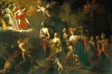 Một bức tranh ngụ ngôn về nghệ thuật khai phóng có sự xuất hiện của Vua Charles và Hoàng hậu Henrietta Maria, những nhân vật được khắc họa ở phía trên, bên trái tác phẩm. Bức tranh “Apollo and Diana” (Thần Apollo và Nữ Thần Diana) của họa sĩ Gerard van Honthorst, năm 1638. Sơn dầu trên vải canvas; 11.7 feet x 20.9 feet (~ 3.6 mét x 6.4 mét). Bộ sưu tập Hoàng gia, Vương quốc Anh. (Ảnh: Tài liệu công cộng)