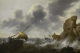 “Thuyền đánh cá và một xác tàu đắm ngoài khơi ghềnh đá trong một cơn bão,” khoảng năm 1664, họa sĩ Jacob Adriaensz Bellevois. Tranh sơn dầu trên vải canvas. Bảo tàng Hoàng gia Greenwich, Vương quốc Anh. (Ảnh: Tài liệu công cộng)