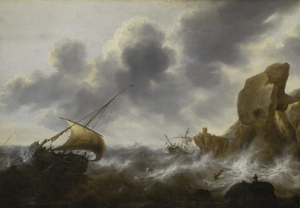 “Thuyền đánh cá và một xác tàu đắm ngoài khơi ghềnh đá trong một cơn bão,” khoảng năm 1664, họa sĩ Jacob Adriaensz Bellevois. Tranh sơn dầu trên vải canvas. Bảo tàng Hoàng gia Greenwich, Vương quốc Anh. (Ảnh: Tài liệu công cộng)
