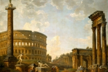 Những ngày tháng huy hoàng của La Mã vẫn còn hiển hiện trước mắt chúng ta trong những tàn tích tráng lệ còn sót lại. Tác phẩm “Roman Capriccio: The Colosseum and Other Monuments” (Roman Capriccio: Đấu trường La Mã và các di tích khác,” của họa sĩ Giovanni Paolo Panini vẽ vào năm 1735. (Ảnh: Tài liệu công cộng)