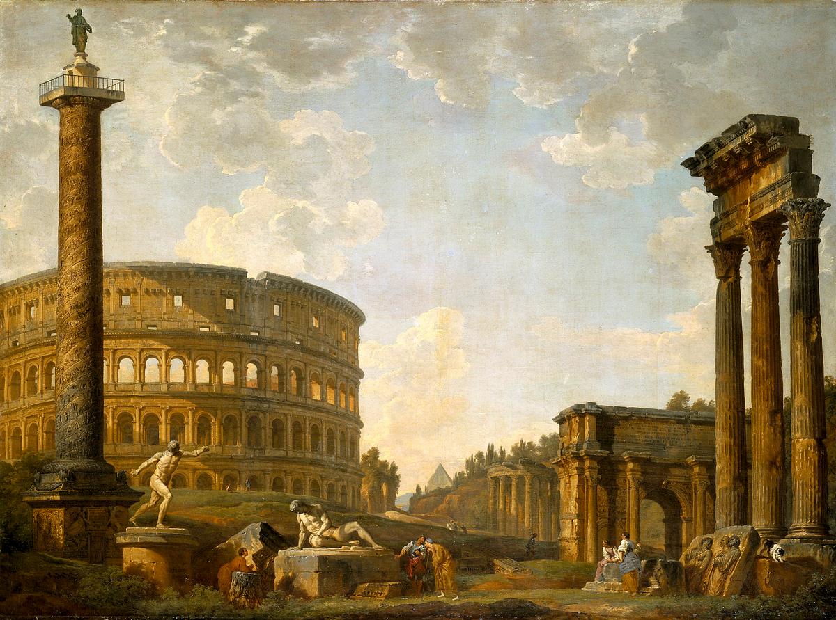 Những ngày tháng huy hoàng của La Mã vẫn còn hiển hiện trước mắt chúng ta trong những tàn tích tráng lệ còn sót lại. Tác phẩm “Roman Capriccio: The Colosseum and Other Monuments” (Roman Capriccio: Đấu trường La Mã và các di tích khác,” của họa sĩ Giovanni Paolo Panini vẽ vào năm 1735. (Ảnh: Tài liệu công cộng)
