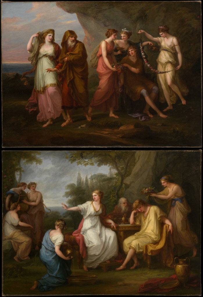 (Trên) Tác phẩm “Telemachus and the Nymphs of Calypso” (Chàng Telemachus và các nữ thần của thần Calypso) của họa sĩ Angelica Kauffmann vẽ năm 1782. Sơn dầu trên vải canvas; kích thước: 32.5 inch x 44.25 inch (~83cm x 114cm). (Dưới) Tác phẩm “The Sorrow of Telemachus” (Nỗi buồn của chàng Telemachus) của họa sĩ Angelica Kauffmann vẽ năm 1783. Sơn dầu trên vải canvas; 32.75 inch x 45 inch (~83cm x 114cm). Bảo tàng Nghệ thuật Metropolitan, Thành phố New York. (Ảnh: Tài liệu công cộng)