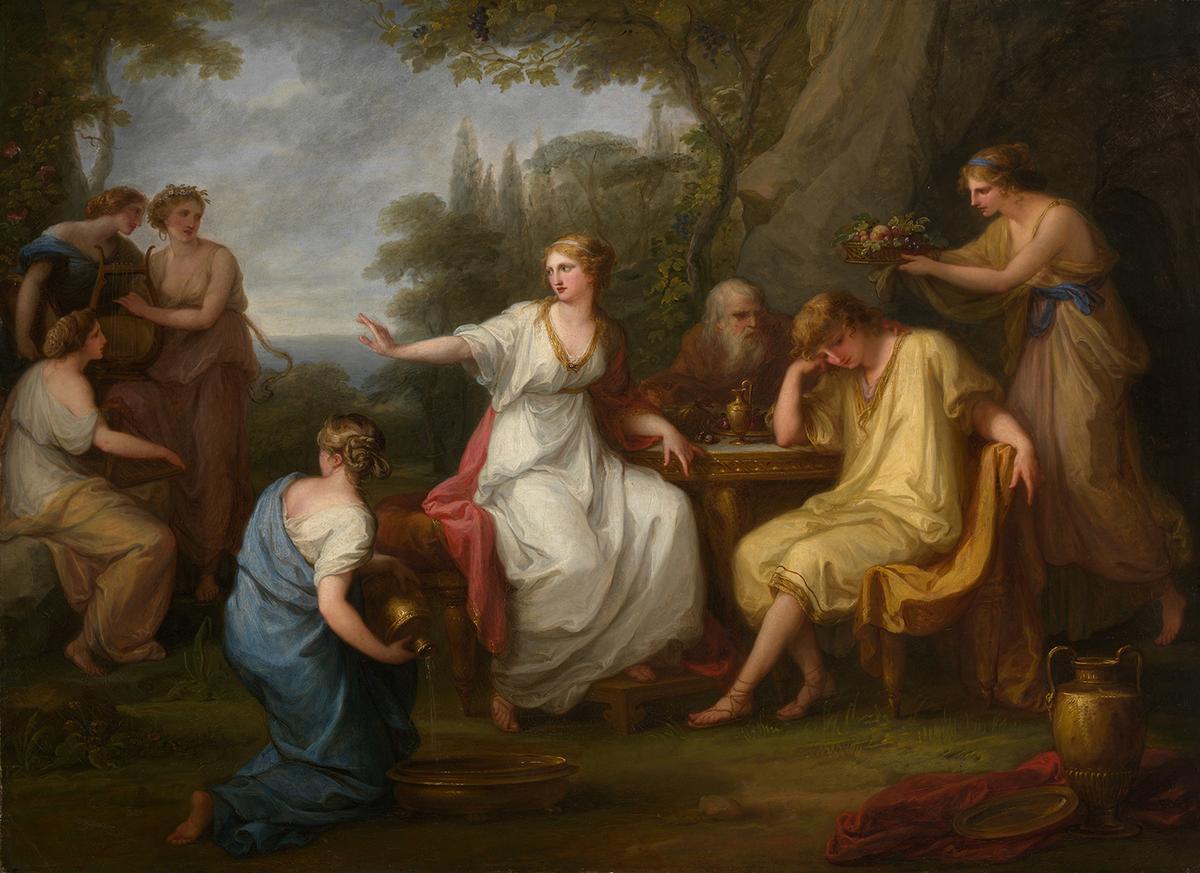 Tác phẩm “The Sorrow of Telemachus” (Nỗi buồn của chàng Telemachus) của họa sĩ Angelica Kauffmann, năm 1783. Sơn dầu trên vải canvas; kích thước: 32.75 inch x 45 inch (~83cm x 114cm). Bảo tàng Nghệ thuật Metropolitan, thành phố New York. (Tài liệu công cộng)