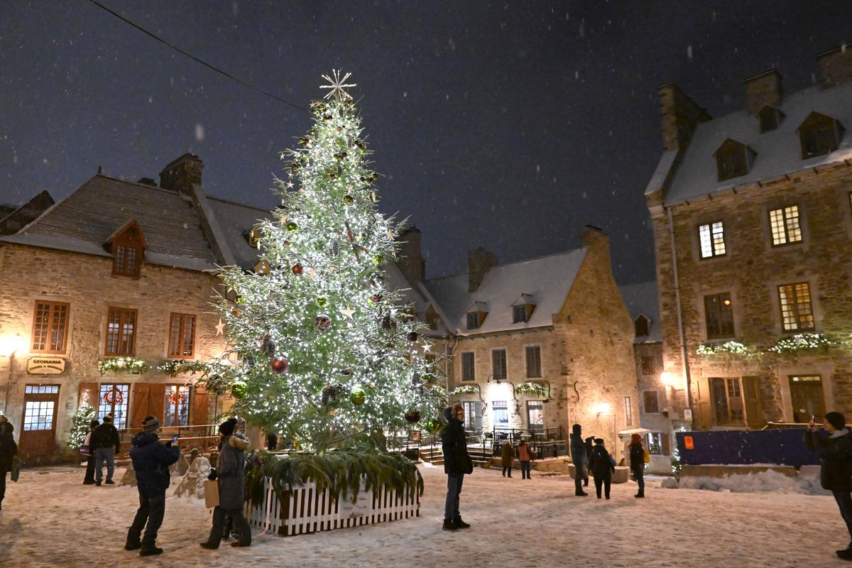 Một cây thông Giáng Sinh được trang trí tại quảng trường Place Royale lịch sử cũ ở thành phố Quebec vào ngày 21/12/2022. (Ảnh: The Canadian Press/Jacques Boissinot)
