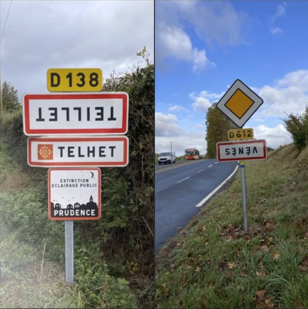 Kể từ mùa thu năm 2023, nông dân ở Pháp đã quay ngược các biển hiệu trên đường vào thị trấn để phản đối. Những bức ảnh về điều này được thu thập, chẳng hạn như trong nhóm Facebook Tarn Info. (Ảnh: Ảnh chụp màn hình Tarn Info)