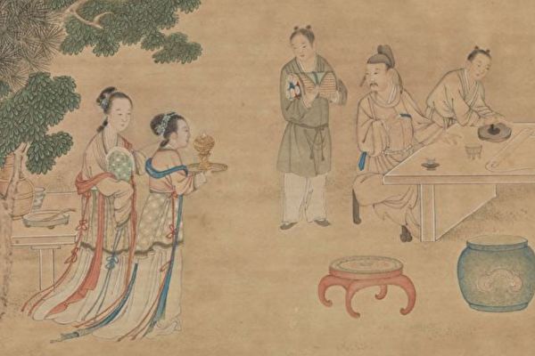 Một phần bức tranh “Tây viên nhã tập đồ” của Đinh Quan Bằng thời Thanh, mô phỏng tác phẩm của Cừu Anh. (Ảnh: Tài sản công)