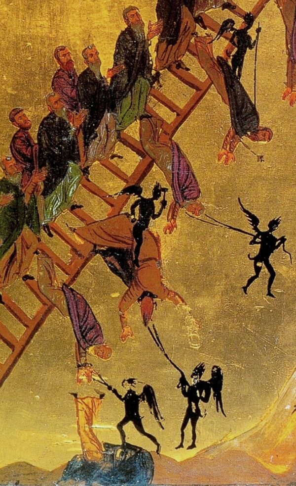 Trong chi tiết này của tác phẩm “The Ladder of Divine Ascent” (Chiếc Thang Thăng Thiên), ma quỷ đang cố gắng dùng mọi thủ đoạn để dụ dỗ những người sùng đạo phạm phải tội lỗi và đánh mất ân sủng cùng sự cứu rỗi. Các tu sĩ sa ngã rơi vào miệng địa ngục. (Ảnh: PD-Mỹ)