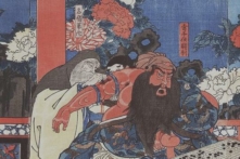 Bản khắc gỗ của họa sĩ Utagawa Kuniyoshi mô tả cảnh Hoa Đà loại bỏ chất độc khỏi cánh tay của Quan Vũ (Ảnh: Tài liệu công cộng)