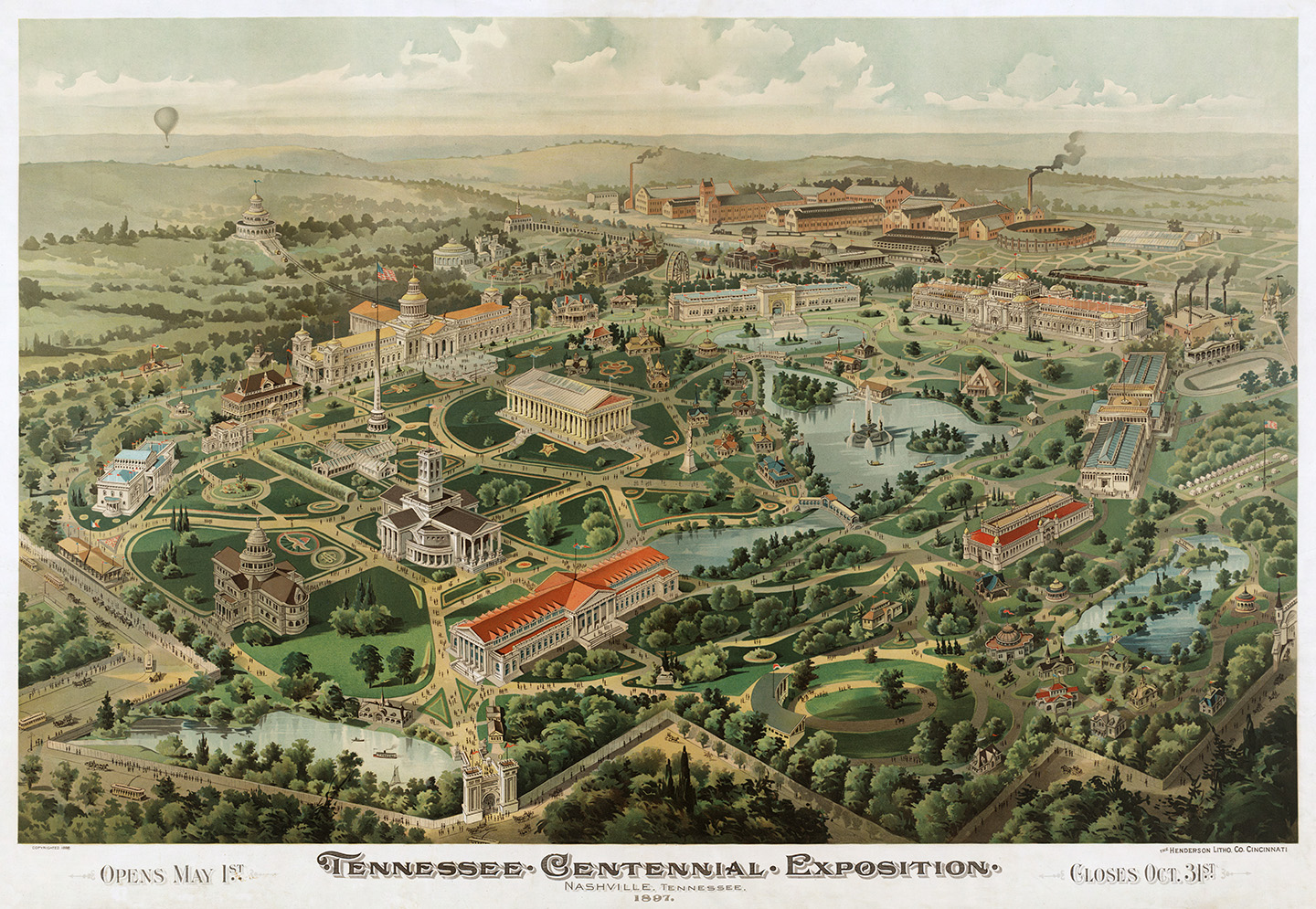 Một bản in thể hiện góc nhìn toàn cảnh từ trên cao các khuôn viên và tòa nhà tại Triển lãm Kỷ niệm 100 năm tiểu bang Tennessee. Thư viện Quốc Hội. (Ảnh: Tài liệu công cộng)