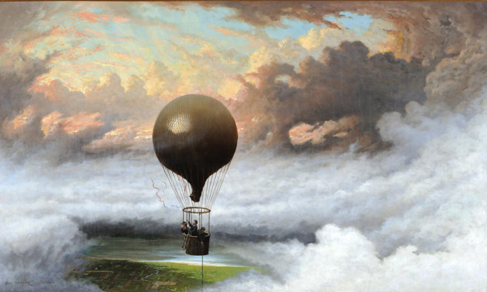 Bức tranh “A Balloon in Mid-Air” (Một khinh khí cầu bay trên không trung), năm 1875, của họa sĩ Jules Tavernier. Tranh sơn dầu trên vải canvas. Bộ sưu tập tư nhân. (Ảnh: Tài liệu công cộng)