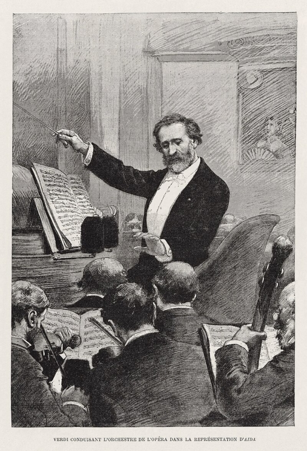 Ông Verdi chỉ huy buổi ra mắt vở “Aida” tại nhà hát Paris Opera năm 1880. (Ảnh: Tài liệu công cộng)