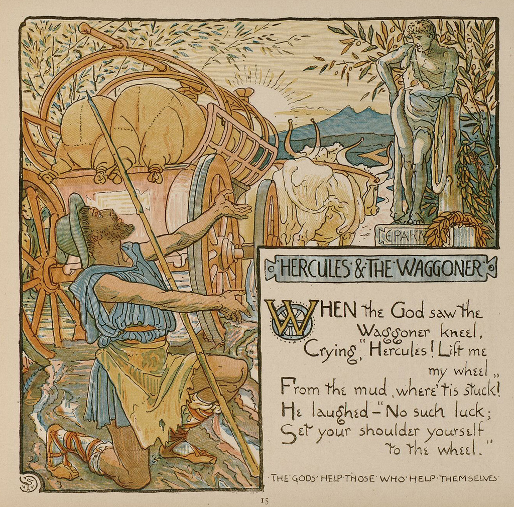 Hình minh họa cho truyện ngụ ngôn Thần Hercules và Người đánh xe của họa sĩ Walter Crane trong tuyển tập các bài thơ trào phúng Baby’s Own Aesop (Aesop Dành cho Trẻ Em) (1887). (Ảnh: Baby’s Own/CC BY-SA 2.0 DEED)