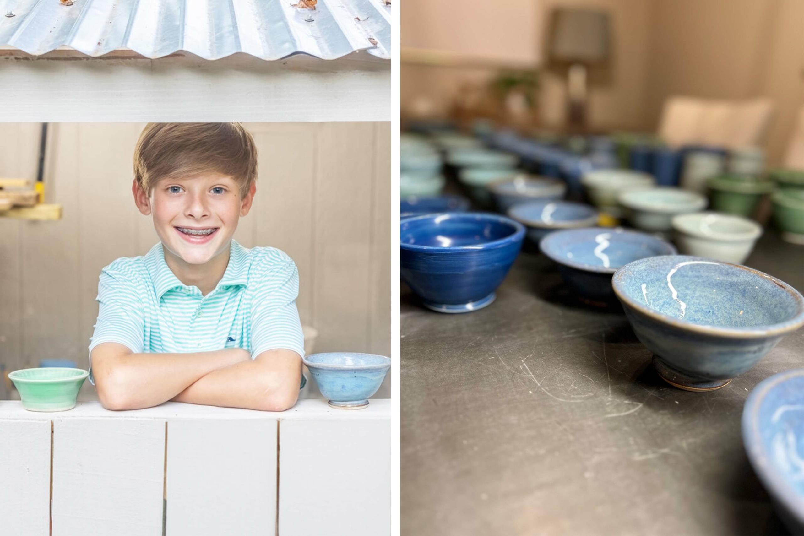 Cậu bé William Know, 12 tuổi, và những món đồ gốm thủ công của mình. (Ảnh: Đăng dưới sự cho phép của William Knox Pottery)