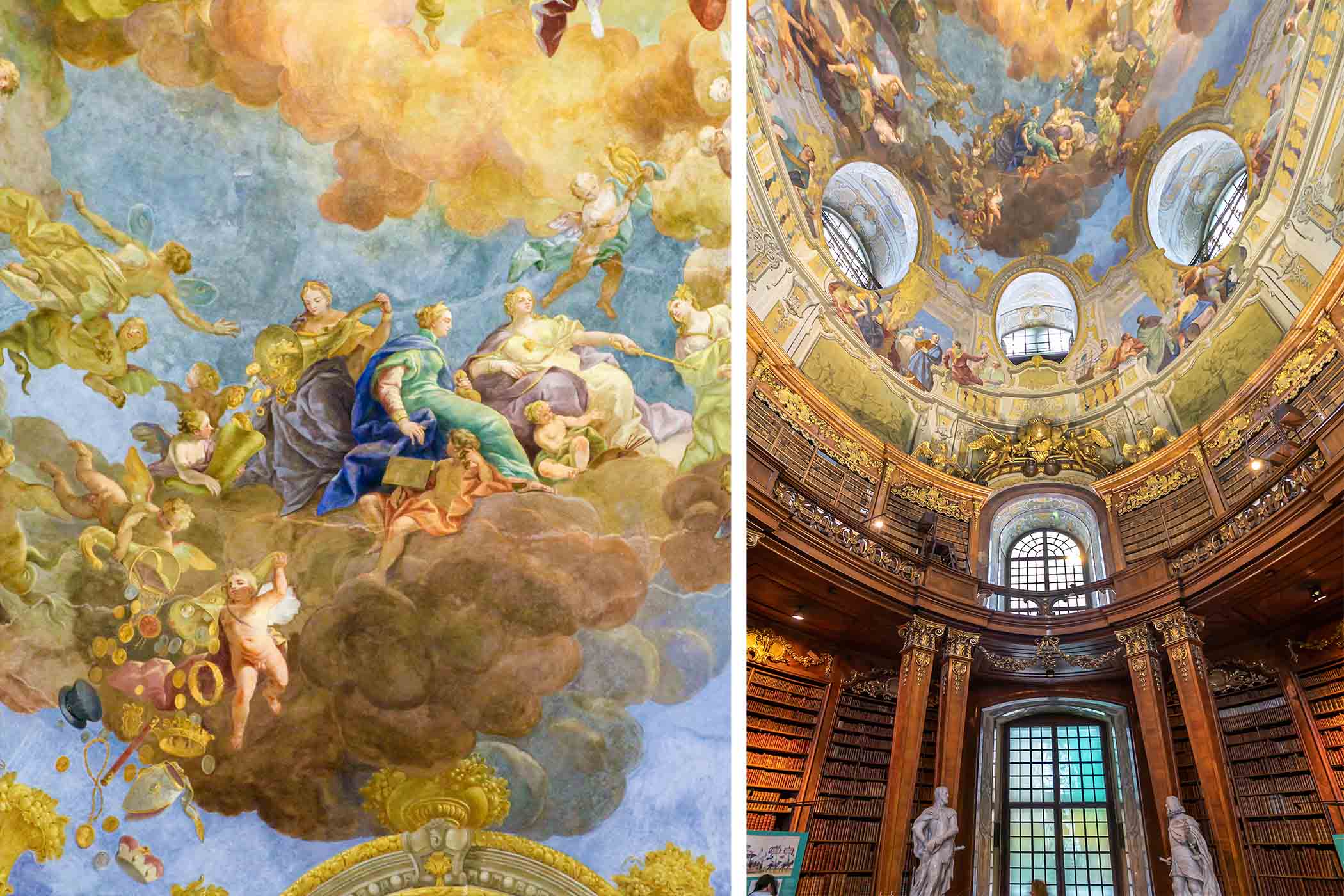 Bên trái: Chi tiết một bức bích họa tại Đại sảnh Quốc gia. (Ảnh: jorisvo/Shutterstock); Bên phải: Bên trong Thư viện Quốc gia Áo, tọa lạc tại Cung điện Hofburg. (Ảnh: agsaz/Shutterstock)