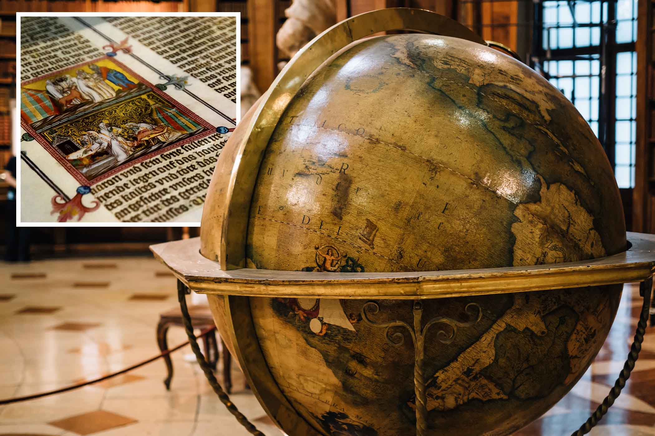 Một quả địa cầu bên trong Thư viện Quốc gia Áo. (Ảnh: Yudai/Shutterstock); (Hình nhỏ) Hình ảnh chi tiết một bản thảo cổ trong Thư viện Quốc gia Áo, thành phố Vienna. (Ảnh: Alessandro Cristiano/Shutterstock)