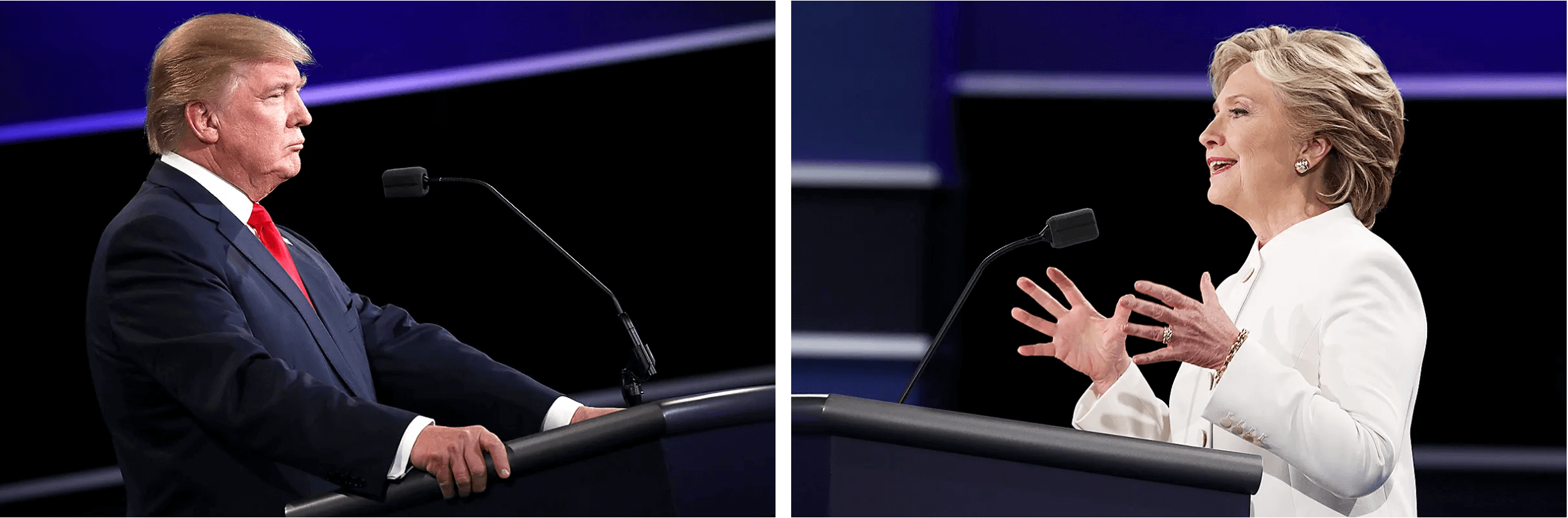 Ông Donald Trump, ứng cử viên tổng thống của Đảng Cộng Hòa, (trái) và ứng cử viên tổng thống của Đảng Dân Chủ, cựu Ngoại trưởng Hillary Clinton, trong cuộc tranh biện tổng thống cuối cùng ở Las Vegas vào ngày 19/10/2016. (Ảnh: Drew Angerer/Getty Images, Win McNamee/Getty Images)