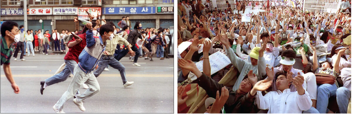 (Trái) Một nhóm người biểu tình ném bom lửa vào cảnh sát chống bạo động trong cuộc biểu tình chống chính phủ để tưởng niệm 11 năm xảy ra vụ thảm sát Gwangju năm 1980, tại Seoul, Nam Hàn, vào ngày 11/05/1991. (Ảnh: Choo Youn-kong/AFP qua Getty Hình ảnh) (Phải) Khoảng 500 sinh viên đang nằm trong cuộc biểu tình tưởng niệm vụ thảm sát Gwangju năm 1980 ở Gwangju, Nam Hàn, vào ngày 18/05/1993. (Ảnh: Choo Youn-kong/AFP qua Getty Images)