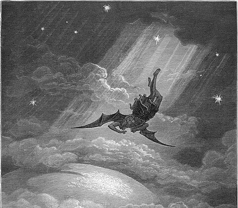 Một phần bức tranh phỏng theo khổ thơ “Towards the coast of Earth beneath,/Down from the ecliptic, sped with hoped success,/Throws his steep flight in many an aery wheel” (Hướng về bờ Địa Cầu bên dưới/Hạ xuống từ đường hoàng đạo, tăng tốc với hy vọng thành công/ Hắn ném mình trong chuyến bay dốc xoay nhiều vòng trên không.” (Cuốn 3, Dòng 739–741), năm 1866, của họa sĩ Gustav Doré cho thiên sử thi “Paradise Lost” (Thiên Đường Đã Mất) của thi hào John Milton. Tranh khắc. (Ảnh: Tư liệu công cộng).