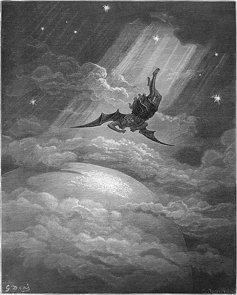“Towards the coast of Earth beneath,/Down from the ecliptic, sped with hoped success,/ Throws his steep flight in many an aery wheel” (Hướng về bờ Địa Cầu bên dưới/Hạ xuống từ đường hoàng đạo, tăng tốc với hy vọng thành công/ Hắn ném mình trong chuyến bay dốc xoay nhiều vòng trên không). (Cuốn 3, Dòng 739–741), năm 1866, của họa sĩ Gustav Doré cho thiên sử thi “Paradise Lost” (Thiên Đường Đã Mất) của thi hào John Milton. Tranh khắc. (Ảnh: Tư liệu công cộng).