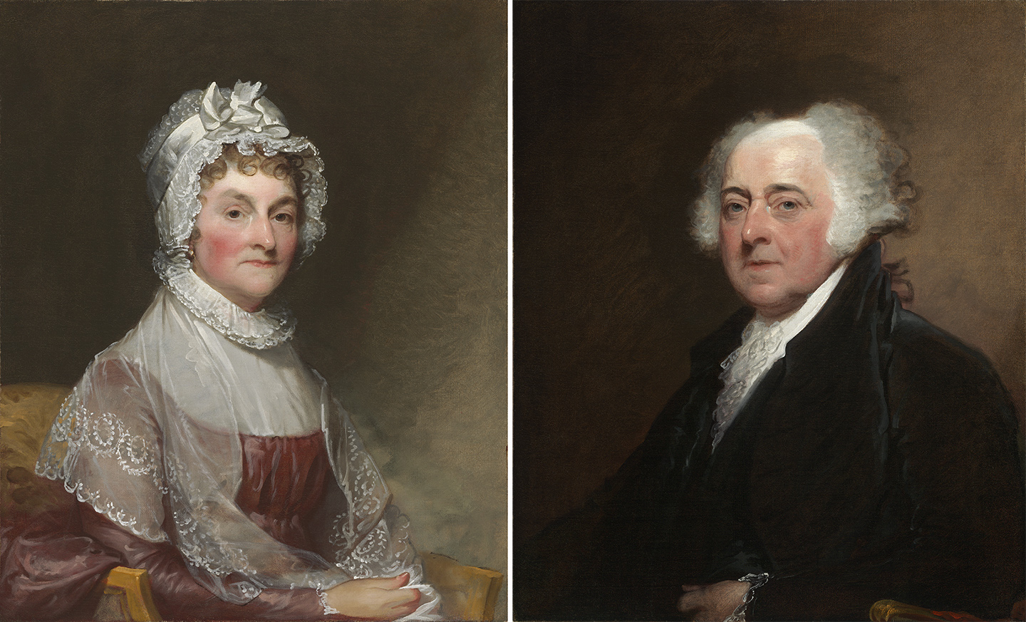 Có hiểu biết ngang nhau, họ nhanh chóng bảo bọc lẫn nhau, phu nhân Abigail và cựu tổng thống John Adams đã đồng hành cùng nhau suốt 54 năm. (Từ trái sang phải) Chân dung bà Abigail Adams và ông John Adams, từ năm 1800 đến năm 1815, của họa sĩ Gilbert Stuart. (Ảnh: Tư liệu công cộng)