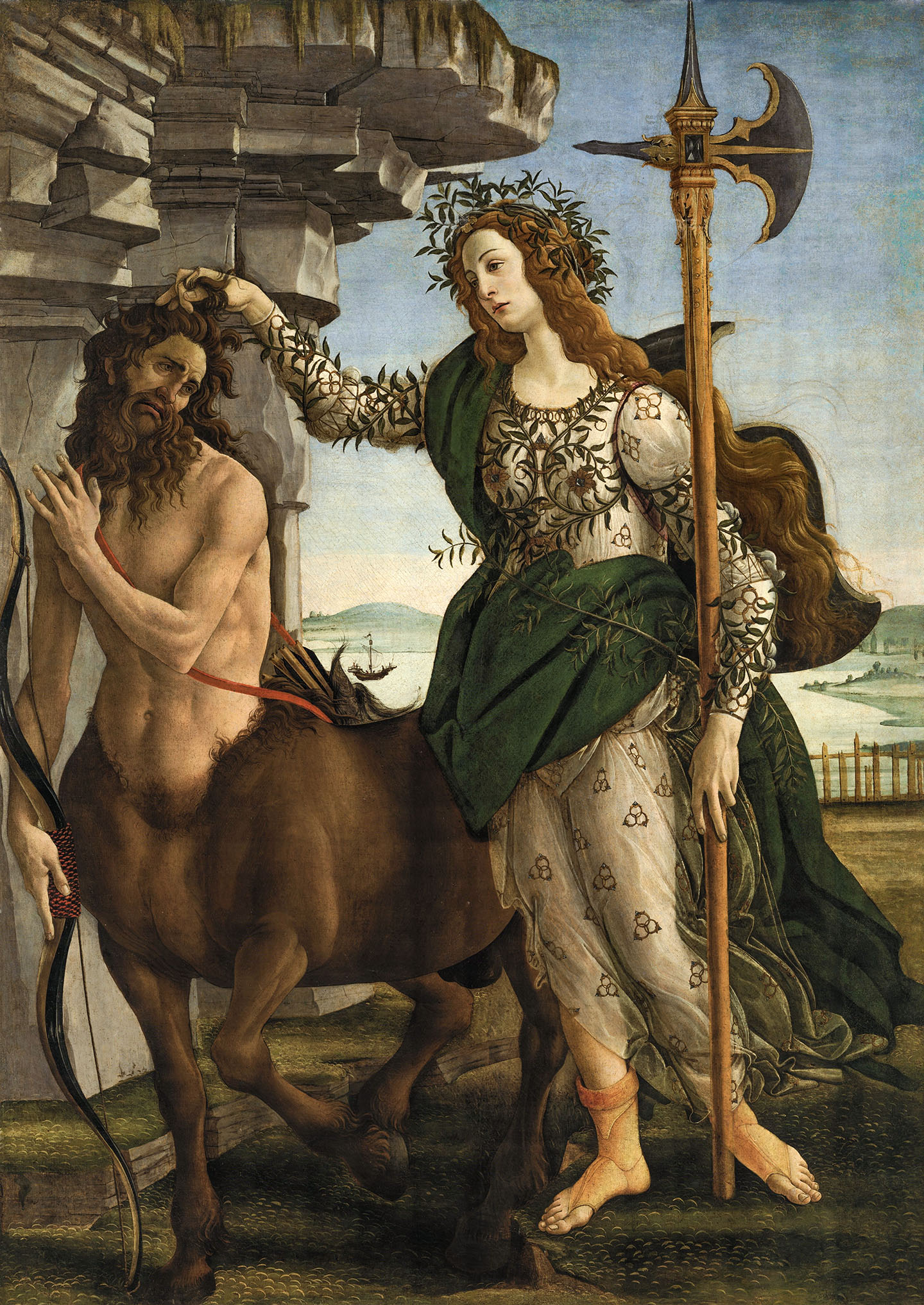 Tác phẩm “Pallas and the Centaur” (Pallas và Nhân Mã), của danh họa Sandro Botticelli, vẽ vào khoảng năm 1480 – 1485. Màu keo tempera trên vải canvas. Phòng trưng bày Uffizi, Florence, Ý. (Ảnh: Gennadii Saus và Segura/CC BY-SA 4.0)