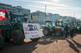 Dòng chữ “Sự kết thúc của chúng tôi sẽ là cơn đói của bạn” được viết trên tấm áp phích của một nông dân Thụy Sĩ với chiếc máy kéo. Một cuộc biểu tình của nông dân đã diễn ra trên quảng trường Plaine de Plainpalais ở trung tâm Genève, Thụy Sĩ hôm 03/02/2024. (Ảnh: Fabrice Coffrini/AFP qua Getty Images)