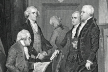 Tranh khắc từ năm 1881 kỷ niệm nội các tổng thống đầu tiên: (từ trái sang phải) Henry Knox, Thomas Jefferson, Edmond Randolph, Alexander Hamilton, và Tổng thống George Washington. (Ảnh: Vectơ DigitalVision/Getty)