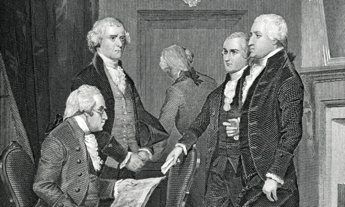 Tranh khắc từ năm 1881 kỷ niệm nội các tổng thống đầu tiên: (từ trái sang phải) Henry Knox, Thomas Jefferson, Edmond Randolph, Alexander Hamilton, và Tổng thống George Washington. (Ảnh: Vectơ DigitalVision/Getty)