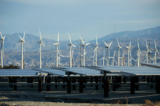 Những cơn gió mạnh cung cấp năng lượng cho những tua-bin gió to lớn phía trước các tấm pin quang năng ở Palm Springs, California, vào ngày 27/03/2013. (Ảnh: Kevork Djansezian/Getty Images)