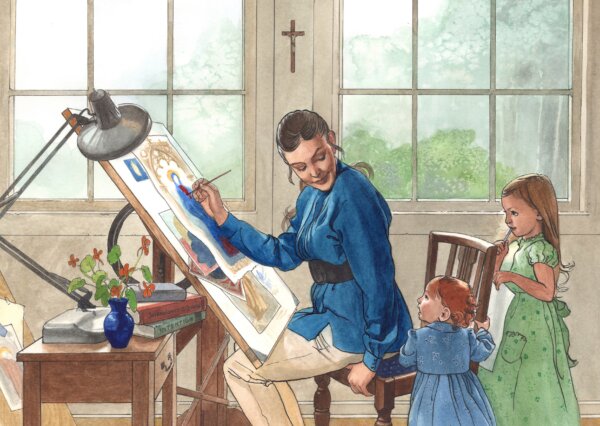 Một bức chân dung tự họa của họa sĩ vẽ tranh minh họa Bernadette Carstensen, cùng hai trong số năm người con của cô, tại xưởng vẽ năm 2019. Màu nước, bút mực trên giấy; 50.8 cm x 35.6 cm. (Ảnh: Bernadette Carstensen)