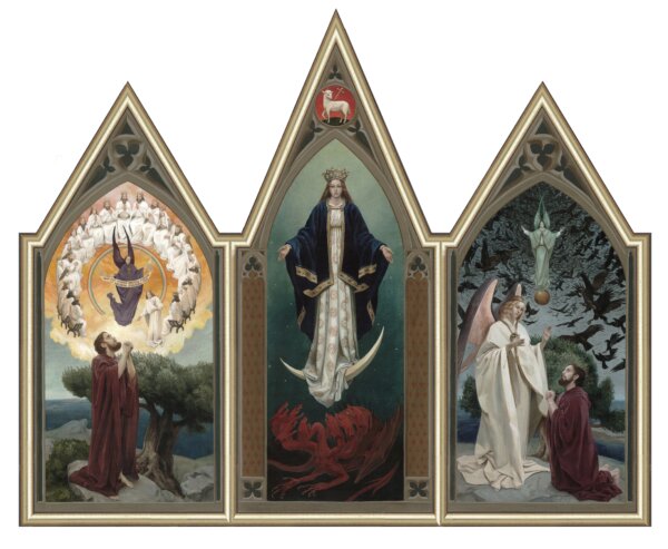 “Triptych of St. John's Revelation” (Bộ Tam Liên Họa Khải Huyền của Thánh John), năm 2013, của họa sĩ Bernadette Carstensen. Màu gouache trên bảng màu nước; 102 cm x 76 cm. Tác phẩm tham dự cuộc thi “Giải thưởng Khải Huyền.” (Ảnh: Bernadette Carstensen)