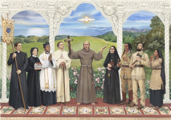 Bức tranh “St. Junipero Serra and American Saints” (Thánh Junipero Serra và Các Vị Thánh của Nước Mỹ) năm 2022, của họa sĩ Bernadette Carstensen. Màu gouache trên bảng màu nước; 102 cm x 76 cm. Được Viện Benedict XVI ủy thác thực hiện cho bản nhạc thánh lễ “Missa Sancti Juniperi Serra” của nhà soạn nhạc Frank La Rocca, bản Thánh lễ mới tôn vinh Thánh Junipero Serra. (Ảnh: Bernadette Carstensen)