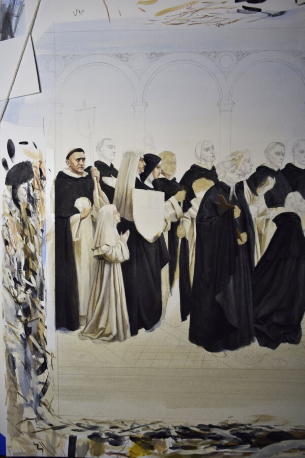 Ở phần này trong bức tranh minh họa “Dominicans” (Các Tu Sĩ Dòng Đa Minh) đang hoàn thiện của họa sĩ Bernadette Carstensen, chúng ta có thể thấy kĩ năng phác thảo và các lớp sơn cần thiết để tạo nên tác phẩm cuối cùng. (Ảnh: Bernadette Carstensen)