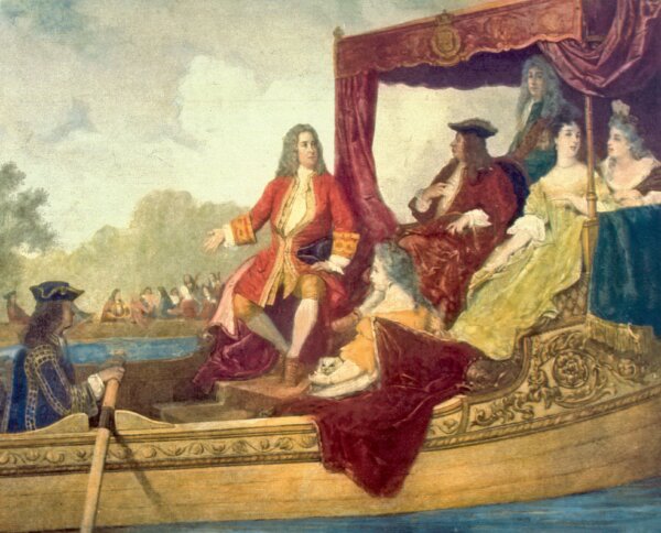 Nhà soạn nhạc Handel (trung tâm) và Vua George I trên sông Thames, ngày 17/07/1717, của họa sĩ Edouard Hamman. (Ảnh: Tài liệu công cộng)
