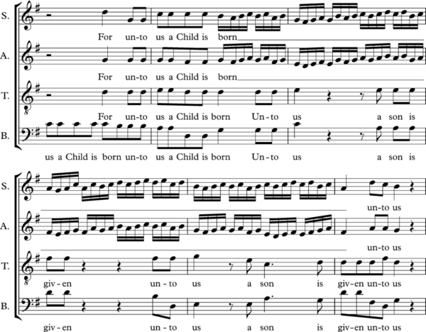 Một đoạn trích ngắn từ bản nhạc “For Unto Us a Child is Born” (Chúa giáng sinh vì ta) sử dụng phong cách melisma của nhà soạn nhạc Handel. (Ảnh: Tư liệu công cộng)