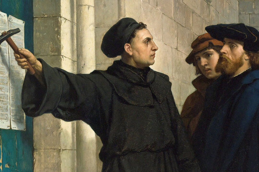 Một chi tiết trong tác phẩm “Martin Luther đóng đinh 95 luận đề lên cánh cửa” của họa sĩ Ferdinand Pauwels, năm 1872. (Ảnh: Tư liệu công cộng)